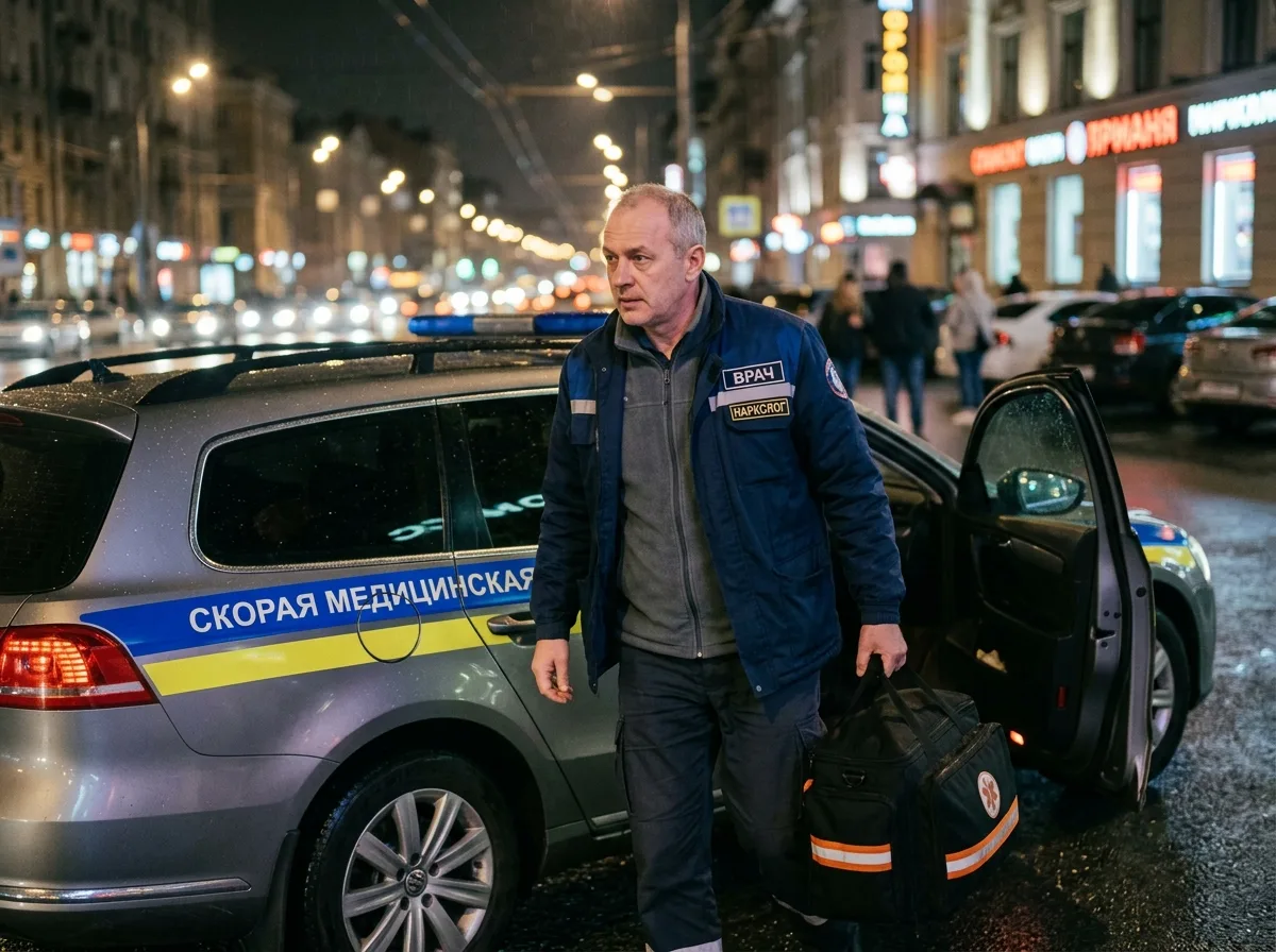 Врач-нарколог выходит из автомобиля с медицинским чемоданчиком, выезд на вызов, ночной город, оперативная медицинская помощь
