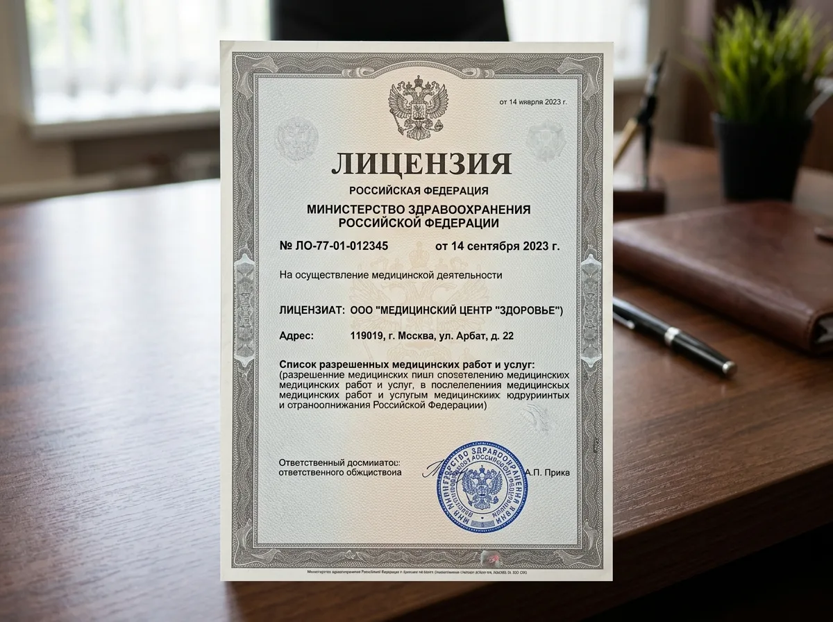 Официальный бланк лицензии Министерства здравоохранения Российской Федерации на осуществление медицинской деятельности, синяя гербовая печать, текст на русском языке